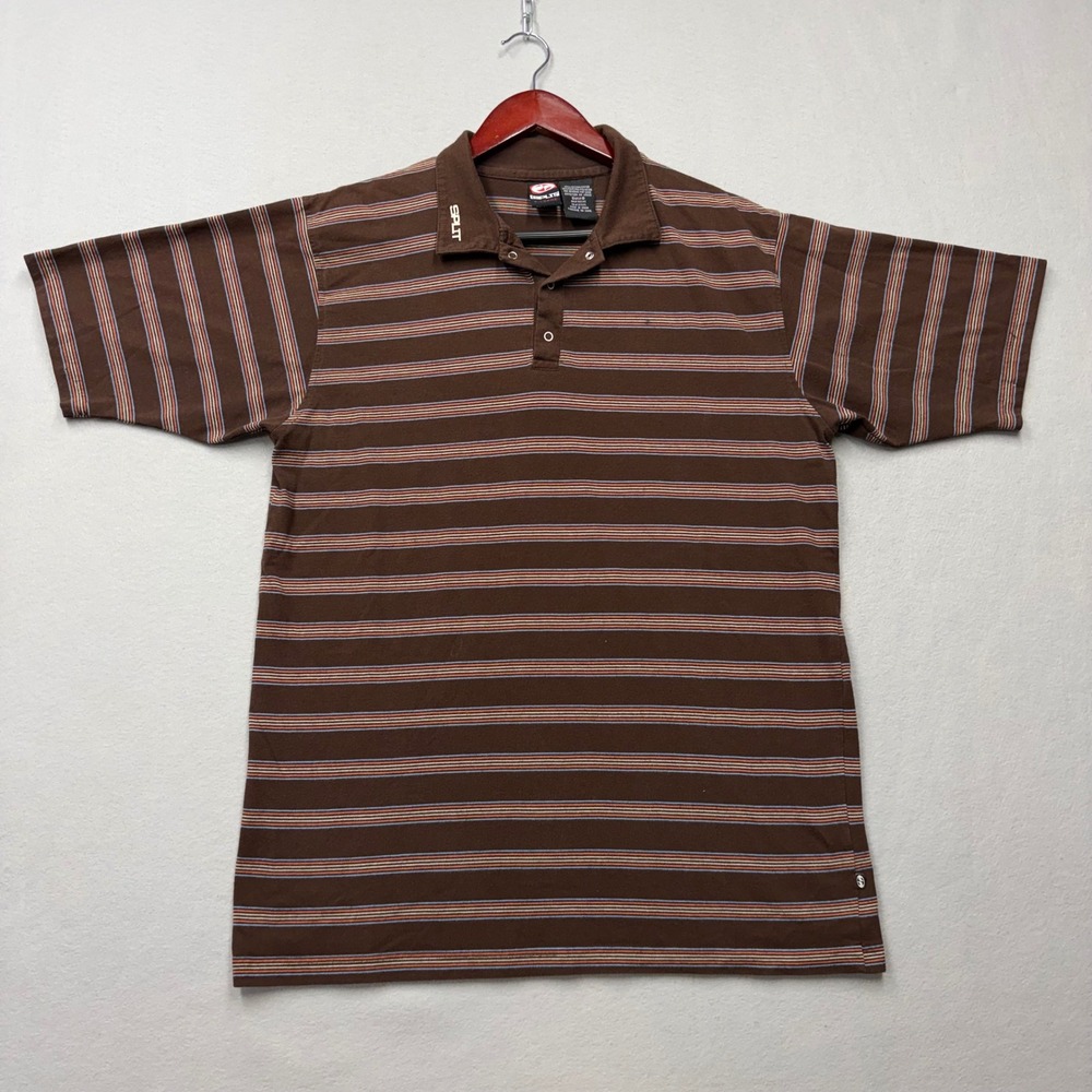 Split Polo Shirt Mens XL Brown Striped Y2K Skate Surf Short Sleeve Snap Button